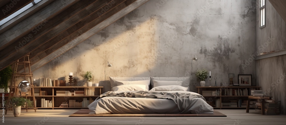 an attic style bedroom with unique interior design and wall as a prominent building feature