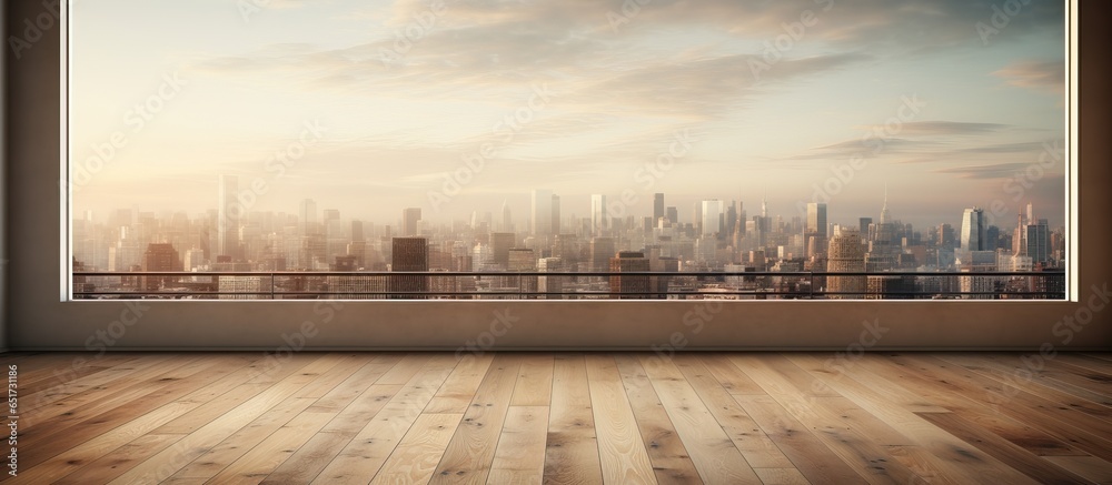 a room with wooden floors and big windows overlooking the cityscape