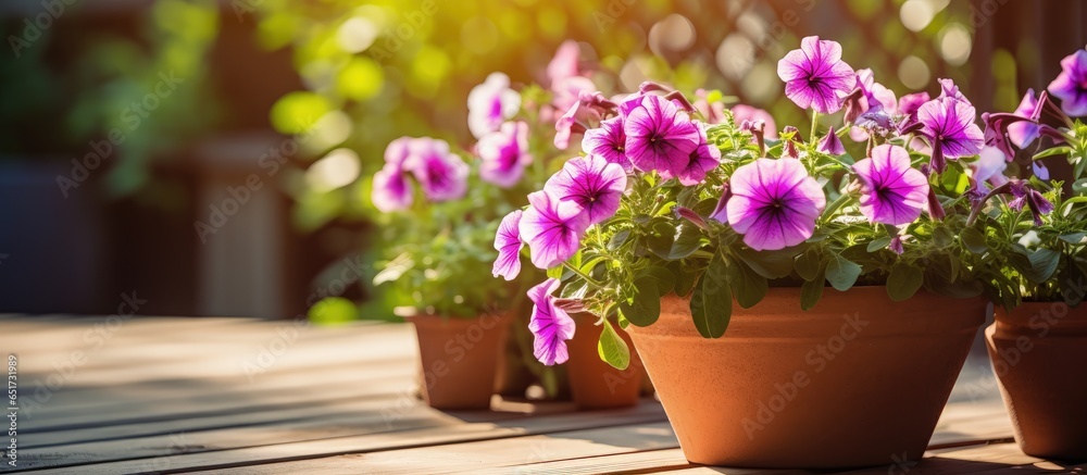 Summer still life with potted petunias in garden vintage botanical background