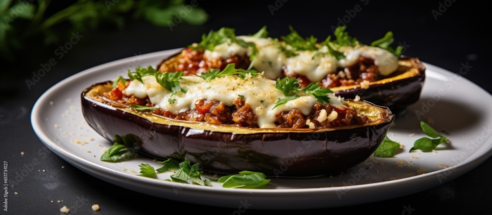 Minimal vegan menu Stuffed aubergine on white plate with harsh shadows