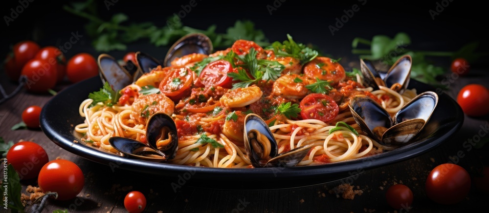 Tasty seafood pasta focusing on select elements