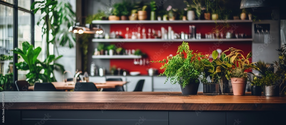 Rustic loft style kitchen with vibrant colors plants and a chic design