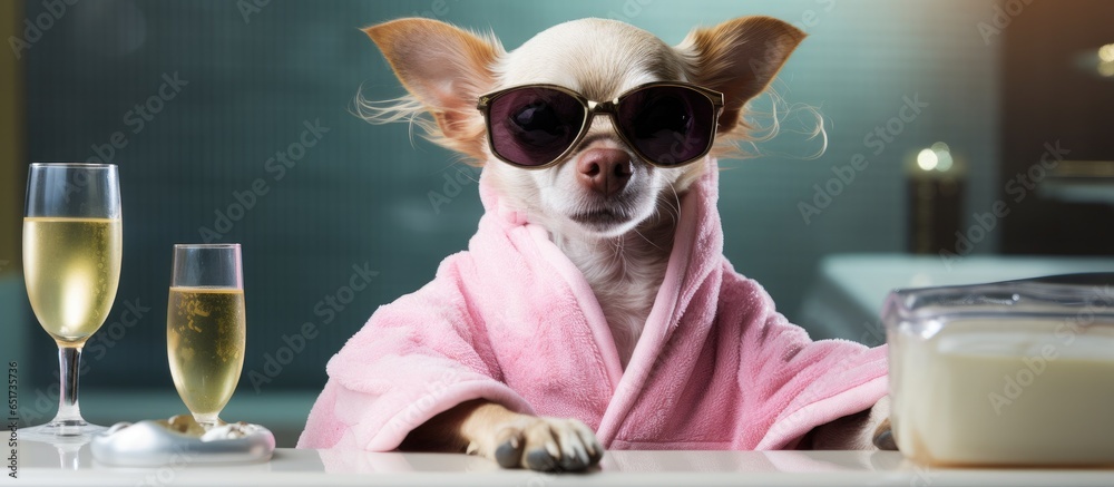 Chihuahua dog chilling in spa with bathrobe sunglasses and cocktail