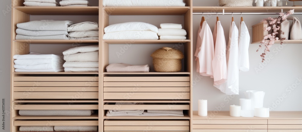 Contemporary wardrobe with various storage options including drawers and open shelves