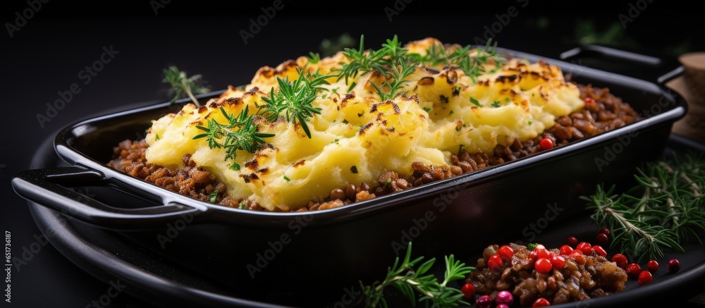 Plant based lentil shepherd s pie served in a black dish incorporating vegan cuisine