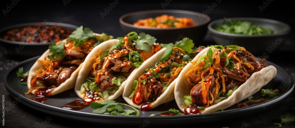 Vegan BBQ pulled mushrooms in Bao buns with spicy dipping sauce