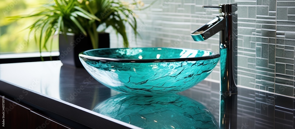 Glass sink for residential bathroom shown in close up