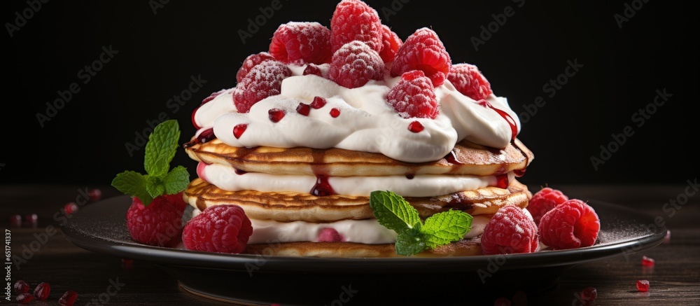 Breakfast pancakes with sour cream jam and fresh raspberries