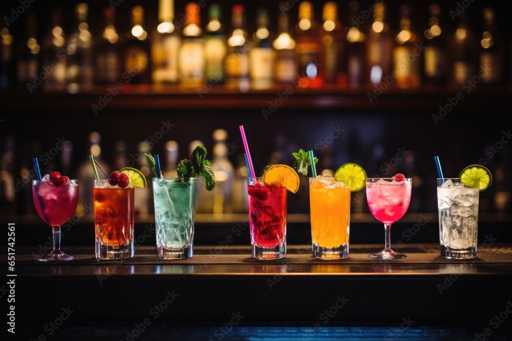 beautiful line of colorful alcoholic cocktails in a nightclub bar