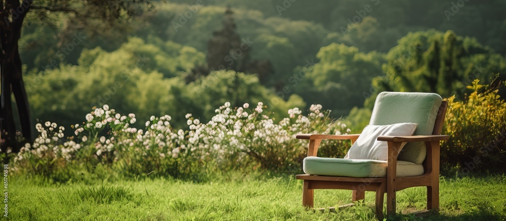 Armchair in a meadow with garden view