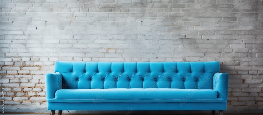 Interior concept featuring a blue seat on a white brick wall background