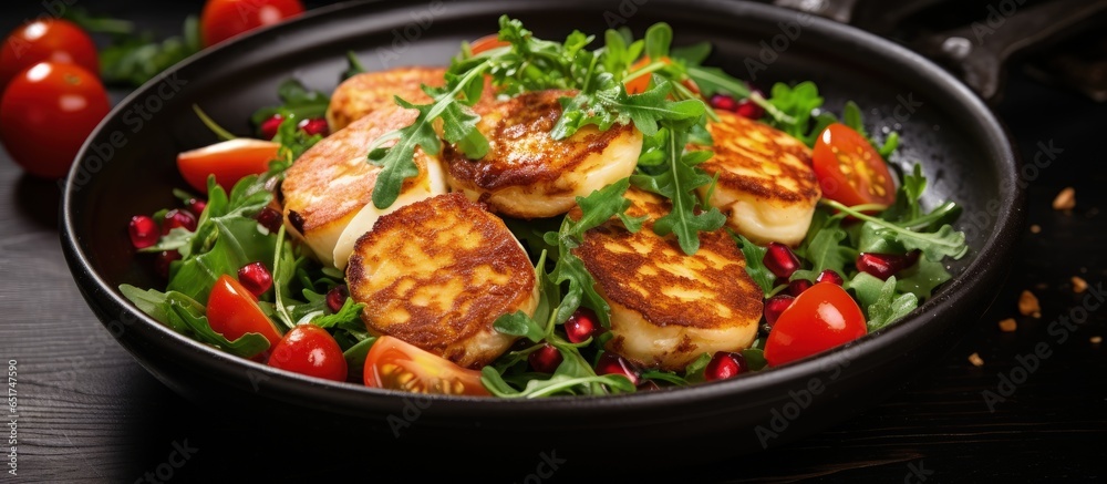 Healthy food vertical photo of salad with fried Halloumi cheese cherry tomatoes arugula and pomegranate seeds