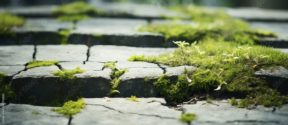 Texture background with moss covered paved slabs in an industrial building setting