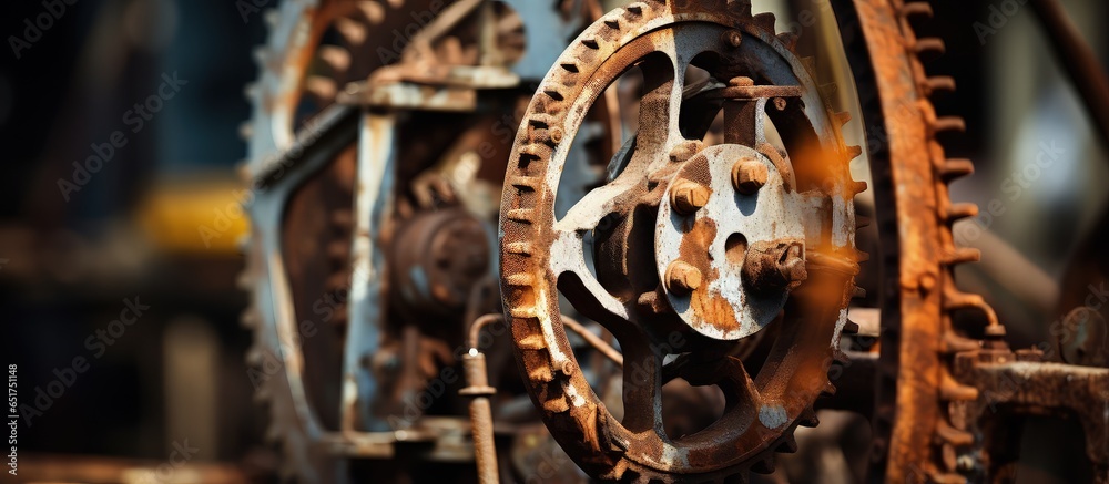 Old and rusted ferris wheel mechanism working motor in worn down amusement park