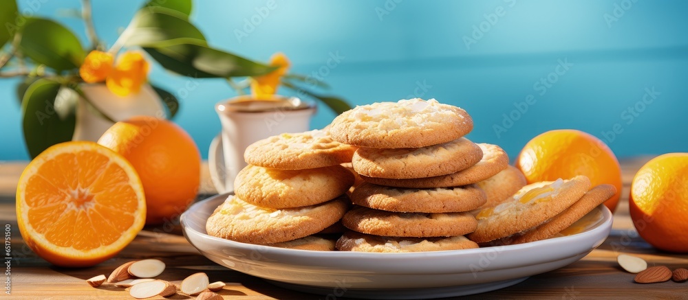 Delicious vegan almond cookies with macadamia nuts on a blue plate and wooden table