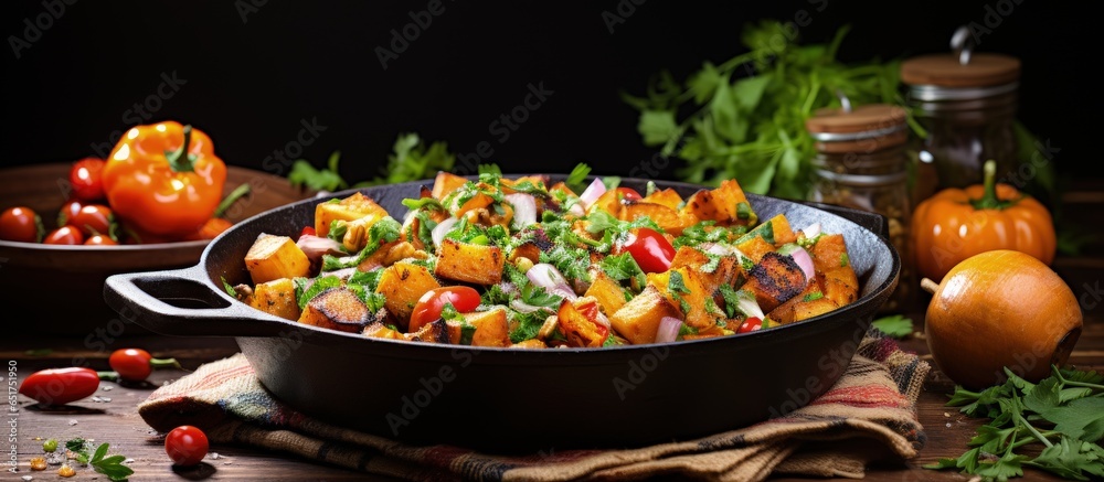 Vegetable ragout on wooden table with bright backdrop