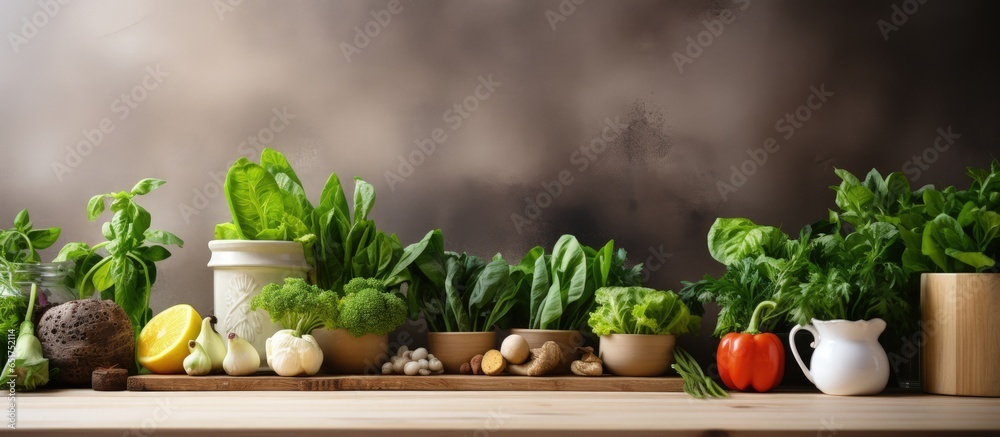 Front view composition of fresh green leafy vegetables and kitchen utensils on wooden countertop with space for display