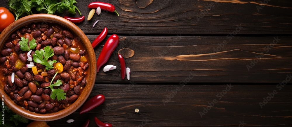 Vegan chili beans on table viewed from above with space to write Homemade vegetarian stew with kidney beans and veggies