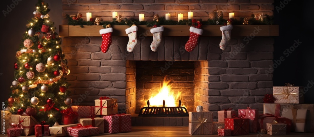 Christmas stockings hung on a fireplace hearth