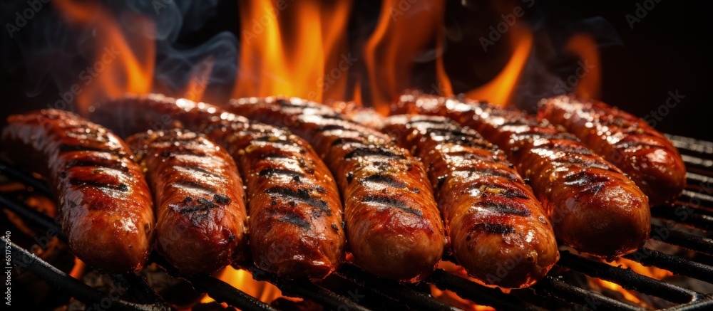 Fire grilling sausages with shallow field depth