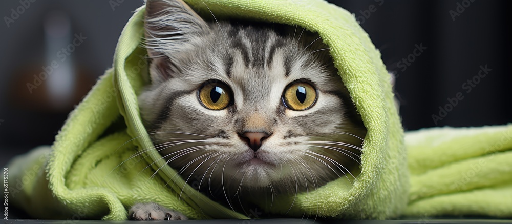 Cute gray kitten with towel on head after bath