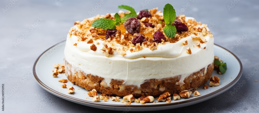 Vegan carrot cake healthy top view copy space grey background