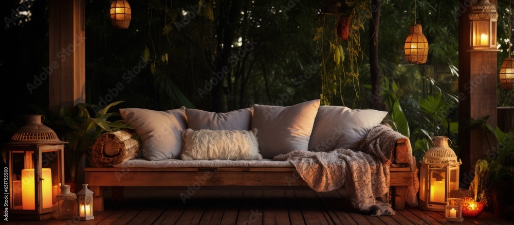 Wicker footrest with couch armchair table fruits and candles on wooden terrace