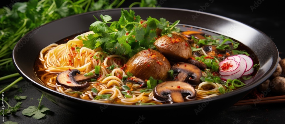 Vegan ramen with miso mushrooms onions and cilantro