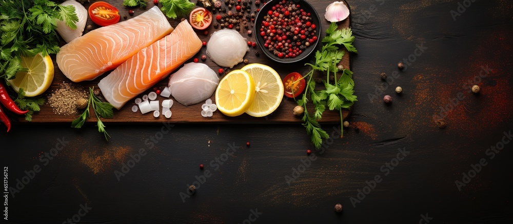 Cooking ingredients for raw cod steak on kitchen table with space for text