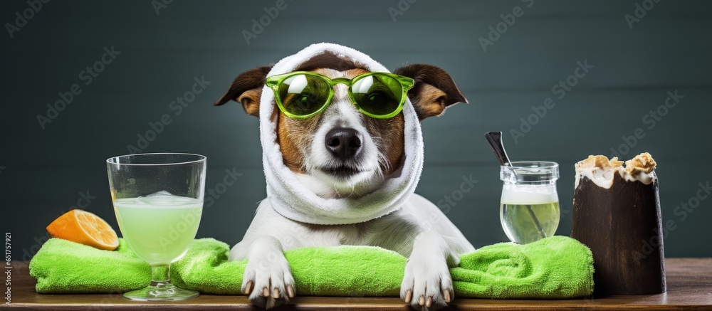 Jack Russell dog enjoying spa treatment with moisturizing mask and milkshake