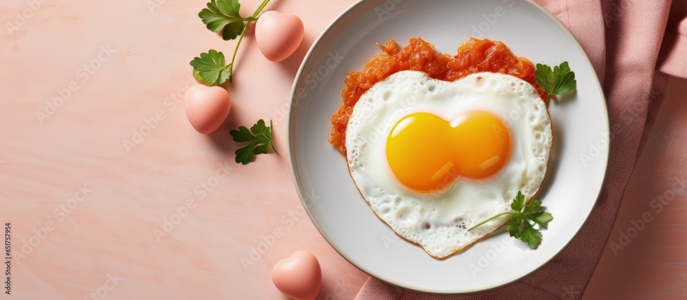 Valentine s Day breakfast Heart shaped sausage with fried egg served on a white plate Delicious eggs with yolk and protein captured in a high quality photo