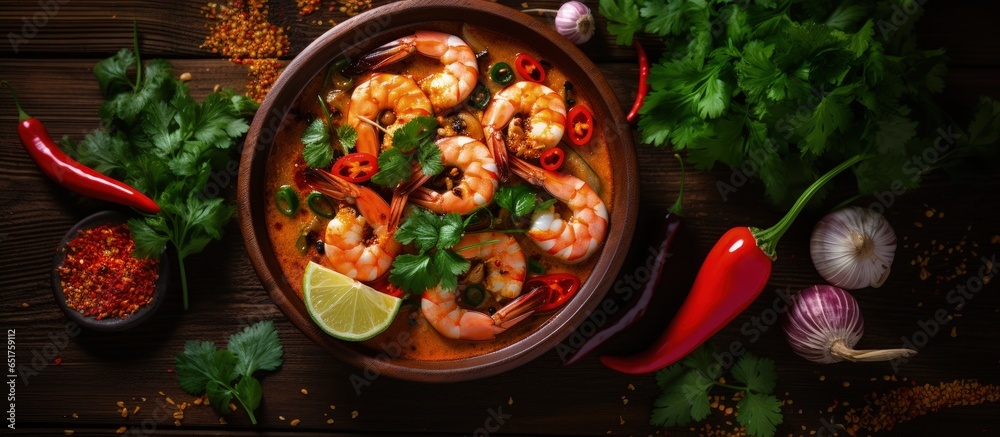 Close up of Thai Tom Yum Goong Soup with Shrimp on Black Background