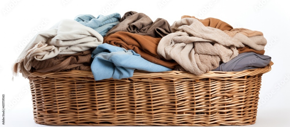 Wooden basket for dirty clothes on white background