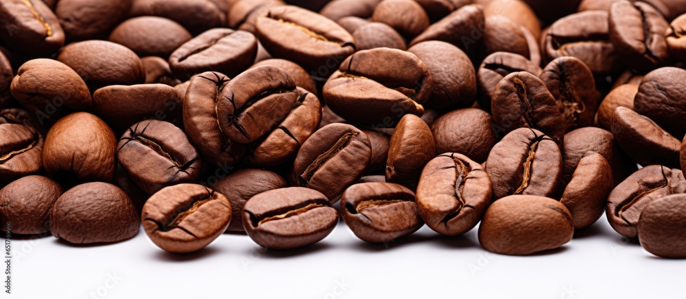 Coffee beans texture on white background with space for text macro