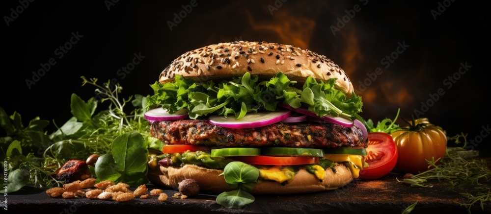 Vegetarian vegan burger with veggies and herbs viewed from above on a black backdrop