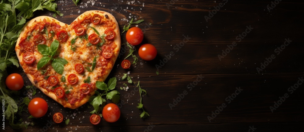 Valentine s Day vegetarian concept Heart shaped Italian margherita pizza on wooden background topped with tomatoes mozzarella and parsley