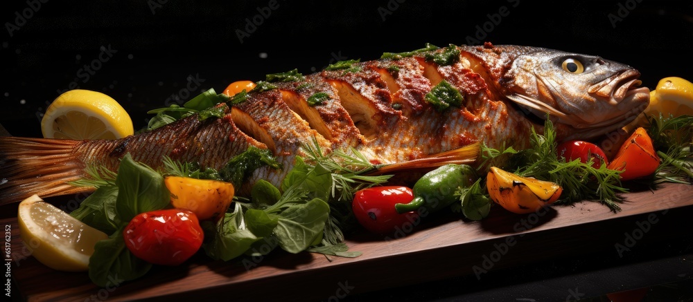 Grilled fresh fish with chilled gazpacho and peppers on the menu of a classic seafood restaurant