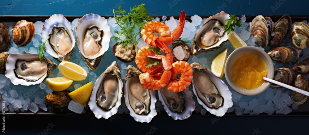 Luxurious seafood platter featuring crab lemon slices sauces fresh oysters on ice Presented on a square frame on a blue tablecloth against a uniform blue backdrop with shadows