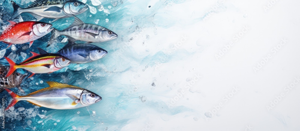 Fresh fish and seafood topped with ice in store and seen from above