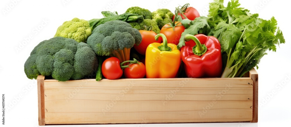 Colorful fresh vegetables in a pine box for a healthy diet broccoli cucumber onion asparagus peppers carrots and potatoes