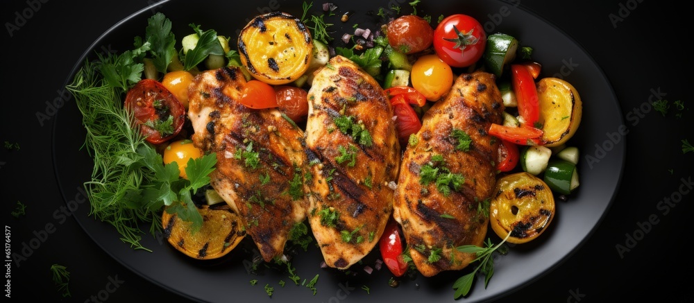 Grilled chicken and veggies on dark background top view