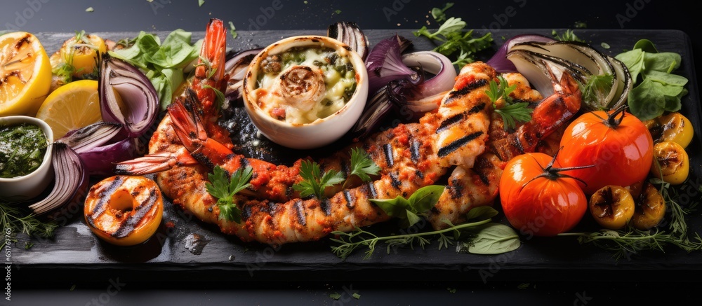 Assorted grilled seafood and veggies with pepper sauce on a blue background