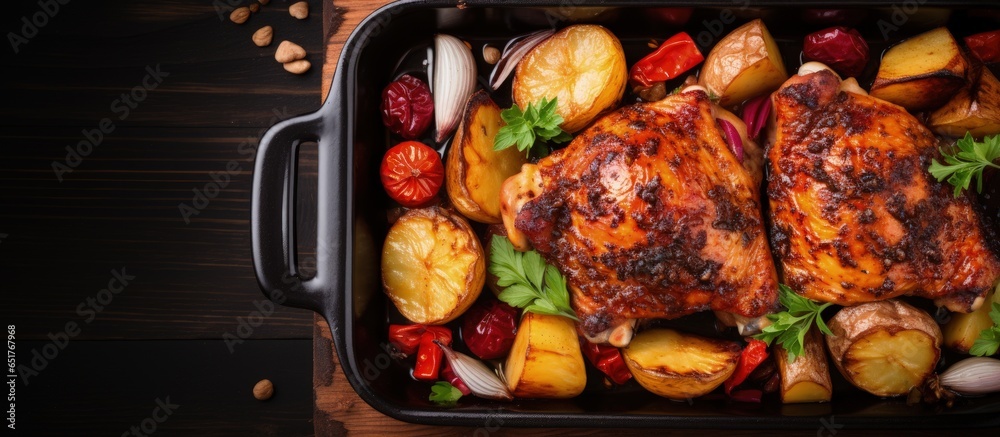 Roasted chicken in pomegranate sauce with potatoes in a gray ceramic mold