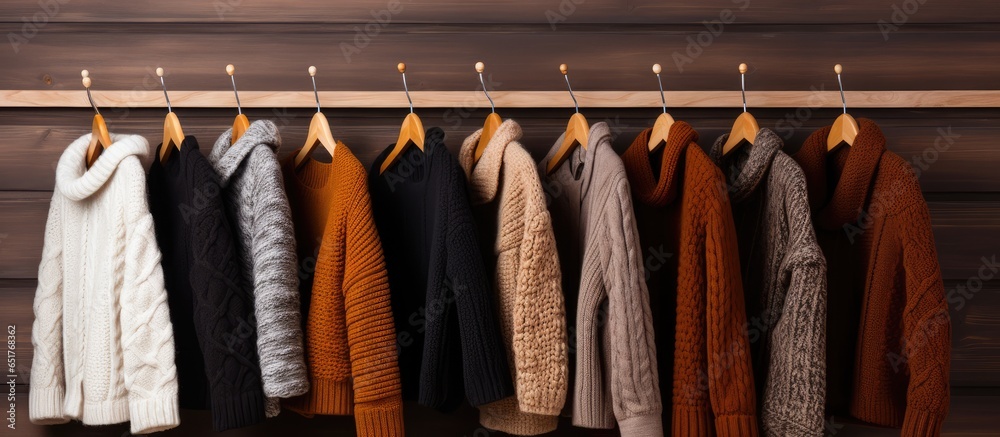 Assorted brown and warm knitted fall and winter garments hanging on wooden background