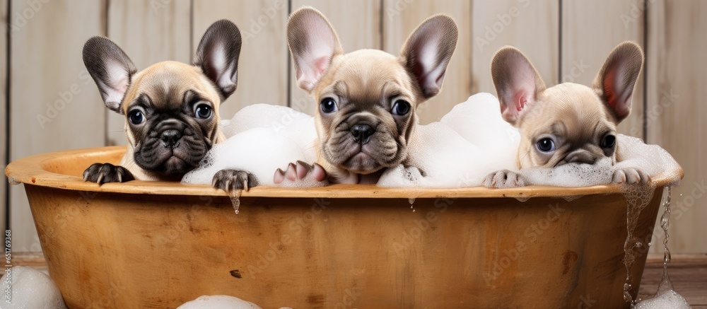 French bulldog puppies bathing in wooden basin with bubbles