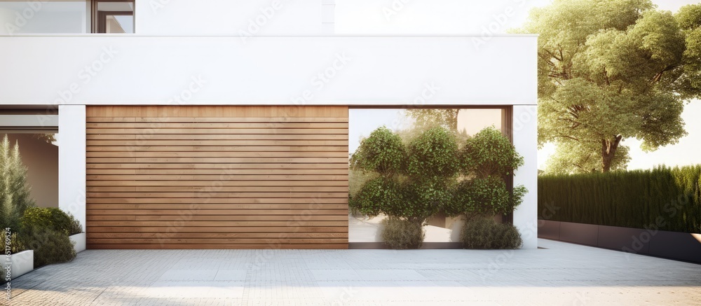 Modern white house with wood decorated garage seen from outside