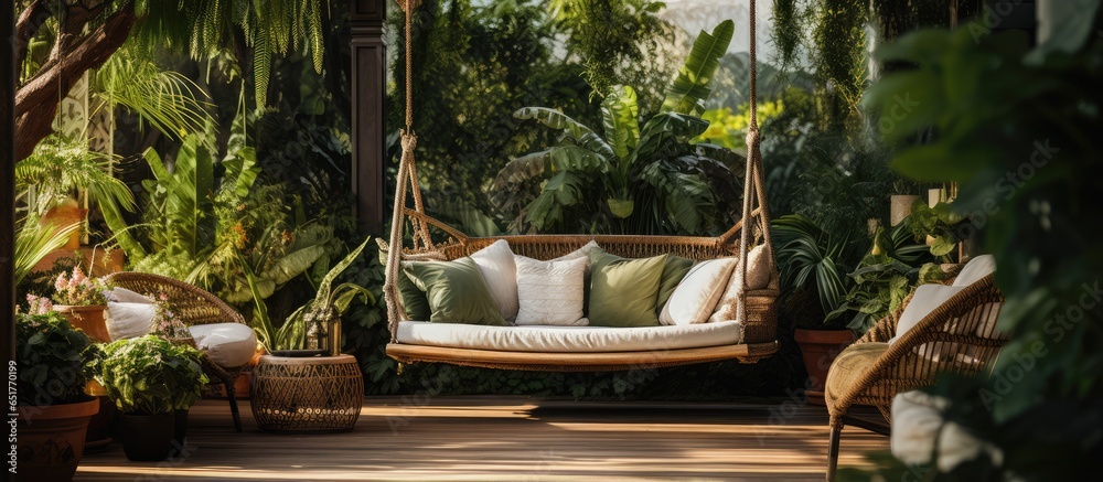 Authentic image of an attractive outdoor space with furnishings foliage and swing