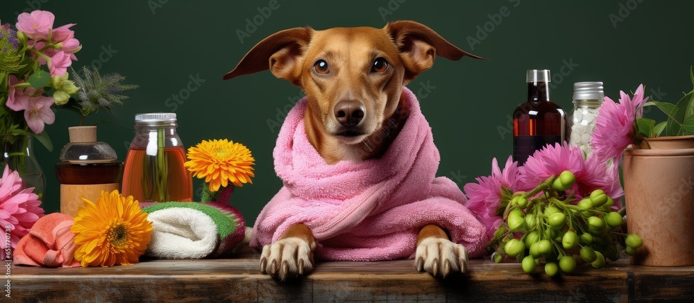 Funny concept of animal grooming washing and care in a relaxing spa environment with cute pets towels and plants