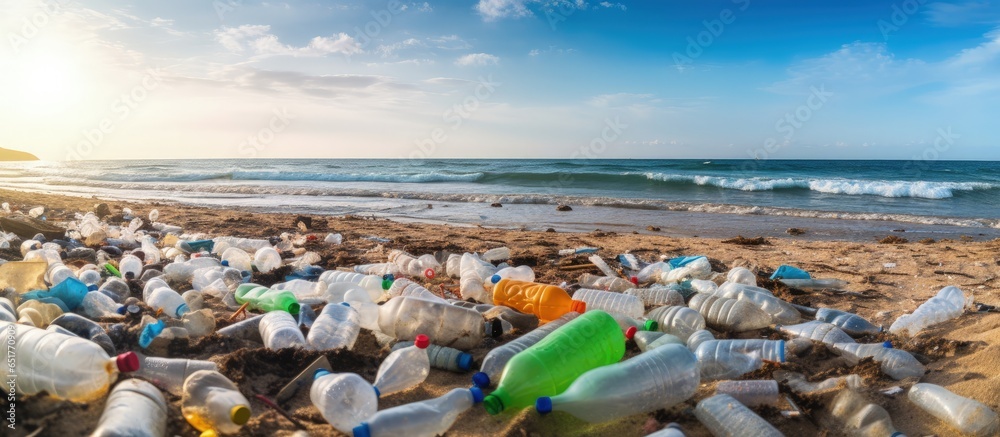 Pollution of beaches with plastic and trash an ecological issue related to Earth Day and global pollution