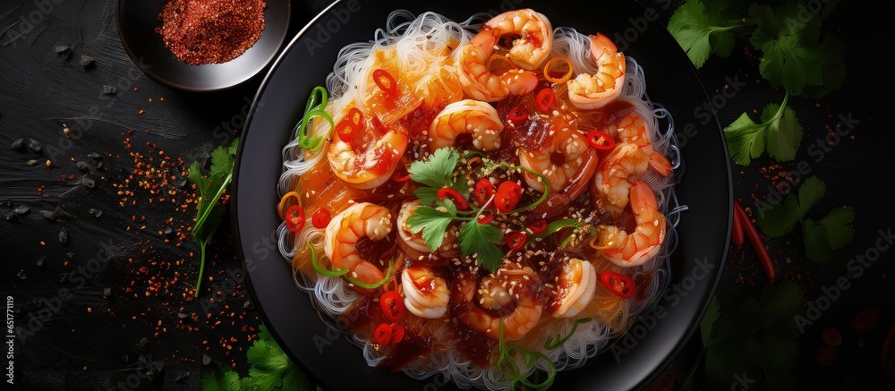 Top view of spicy glass noodle salad with mixed seafood and vermicelli in chili sauce